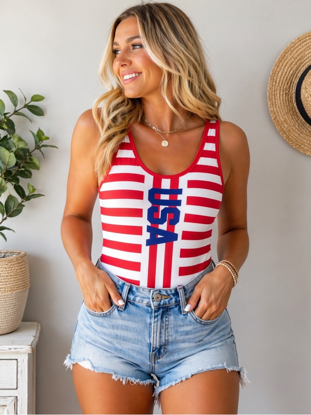 USA Flag Stripe Bodysuit Tank XXL Red White Blue Patriotic Summer NWT